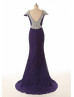 Cap Sleeves Beaded Purple Chiffon Luxurious Evening Dress